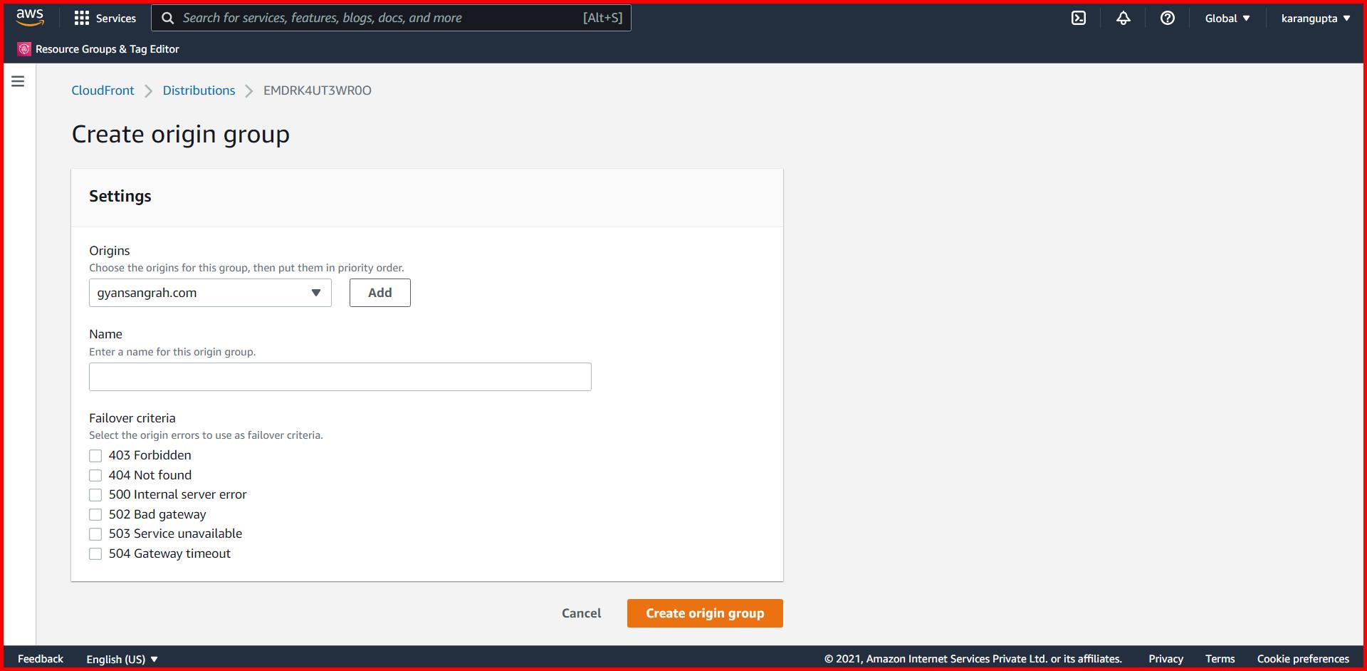 Picture showing the create origin group screen for creating the new origin group